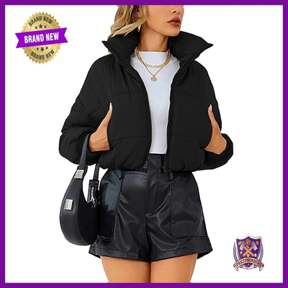 Cropped Quilted Puffer Jacket Lightweight Warm Long Sleeve Stand Collar